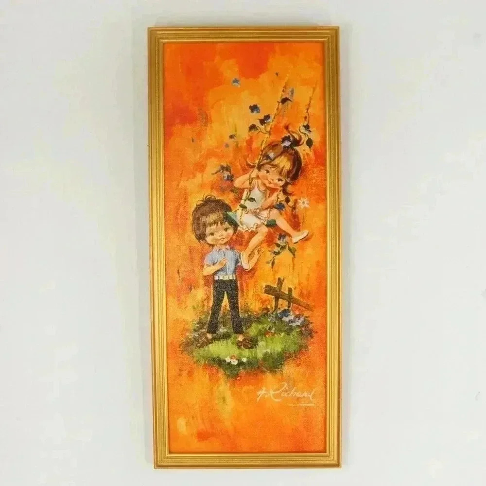 Vintage 60s MCM Orange H. Richard Kids Playing Big Eyes Framed Art